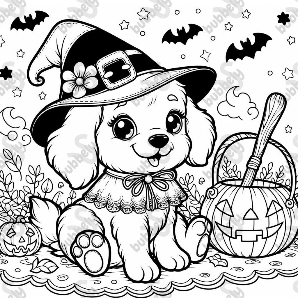 a puppy wearing a witch halloween costume only black outlines no filled in areas