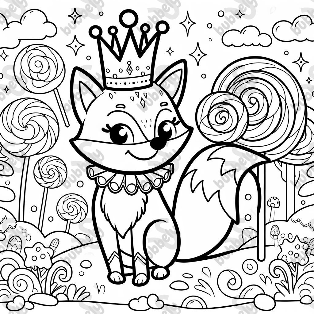 einen Zauberfuchs mit Krone in einem Land aus Süßigkeiten