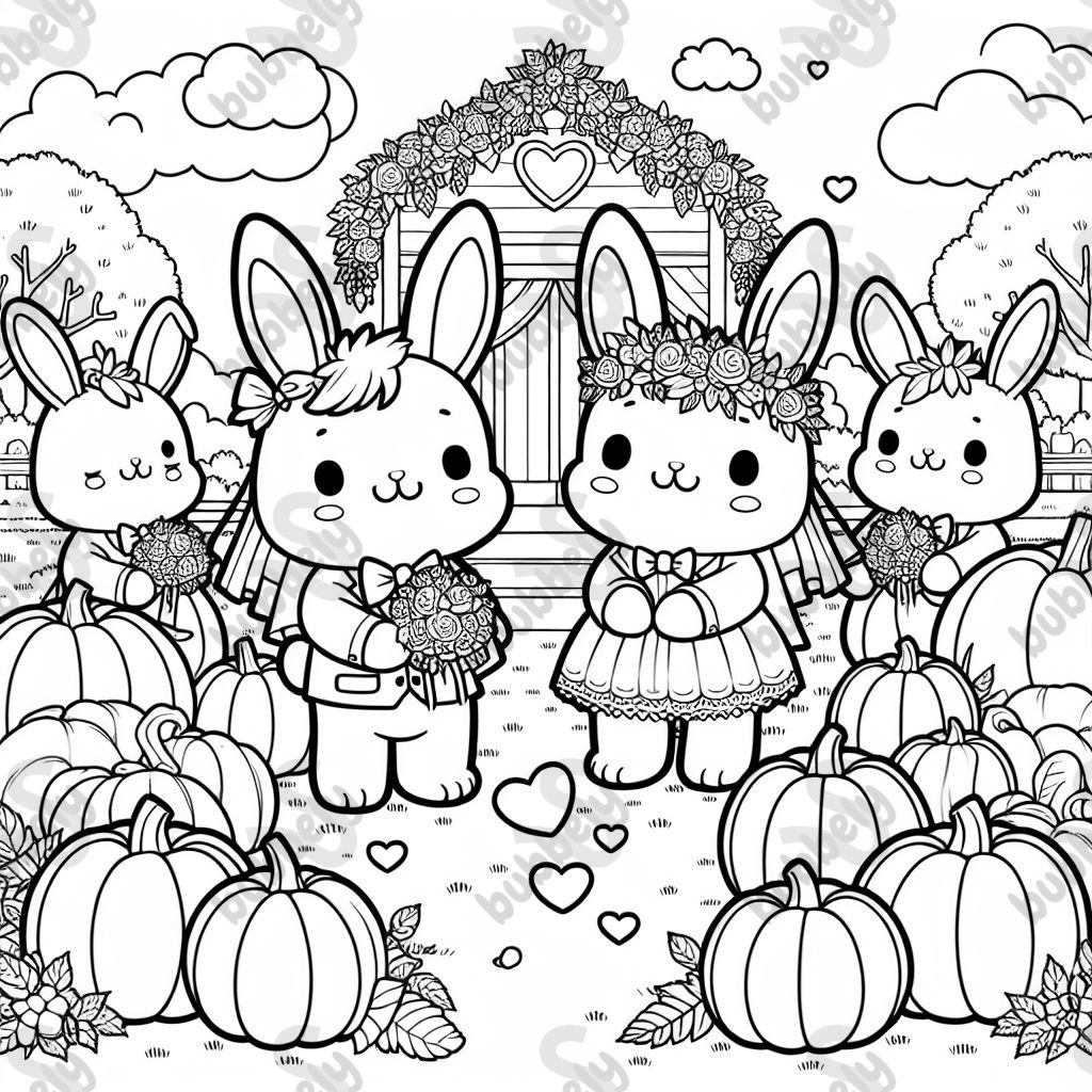 Bunnies with pumpkins getting married
