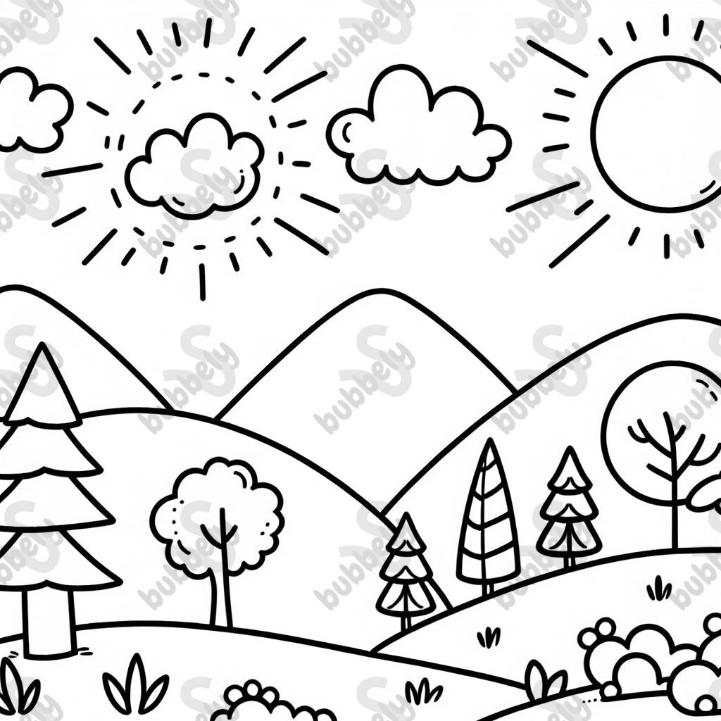 A simple landscape, just with hills, trees, clouds, and the sun