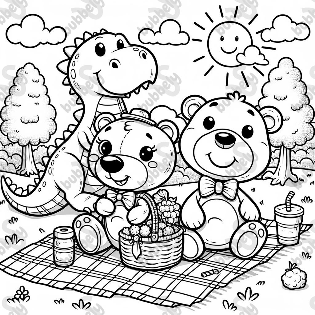 Happy teddy bears and dinosaur having a picnic.