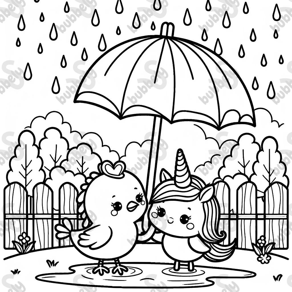 umbrella bird and unicorn under an umbrella in the rain at the park