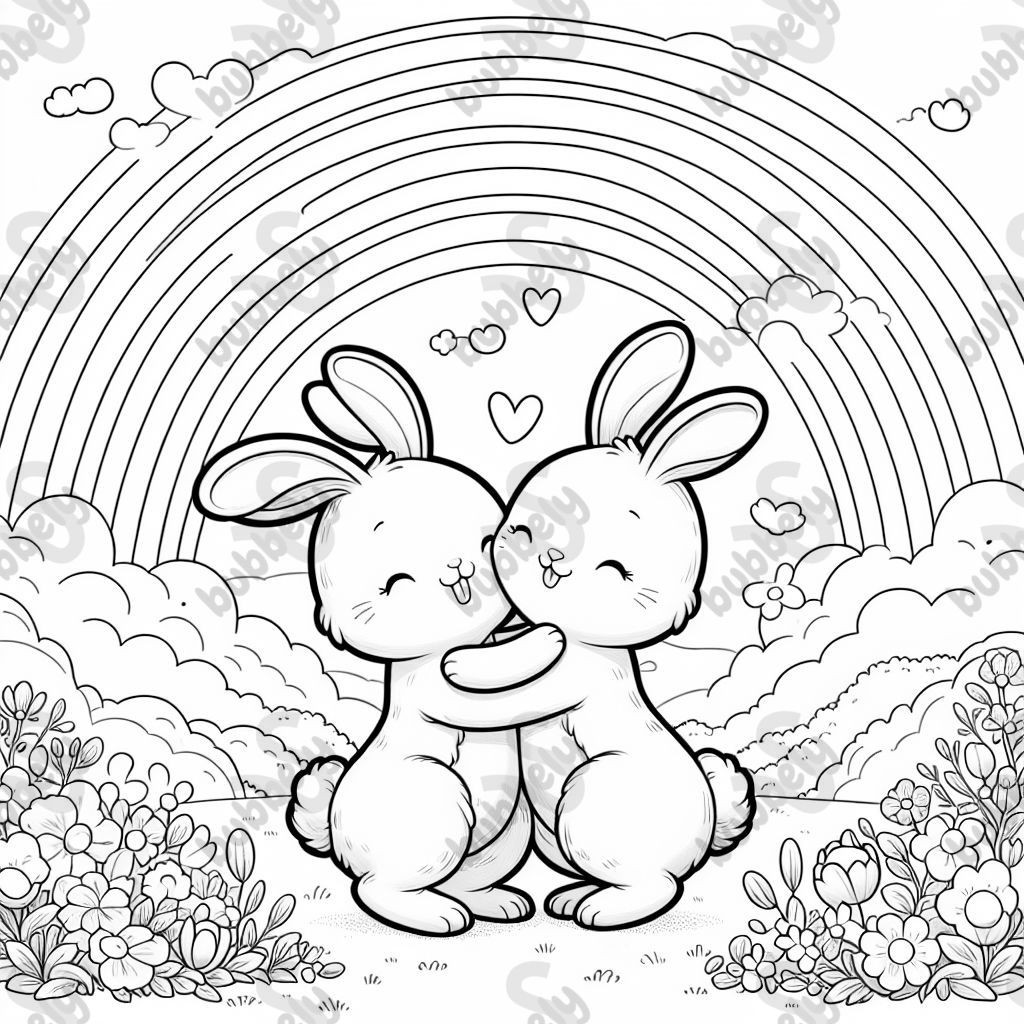 Two bunnies hugging with rainbow in background