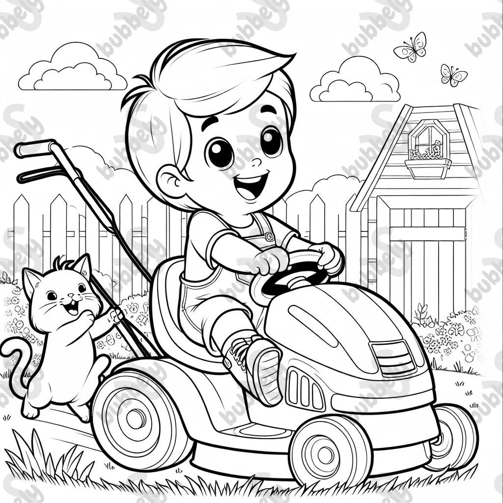 A young boy with short hair and a cat on a riding lawnmower.