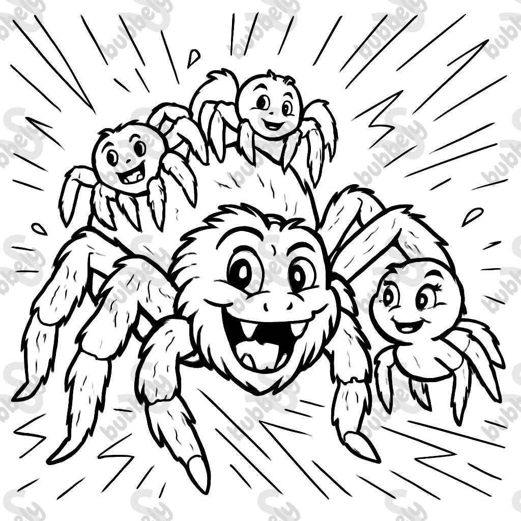 a family of tarantulas. The dad is big with hairy legs, the mom is standing to his right, and the two little spiders are on dad's body.