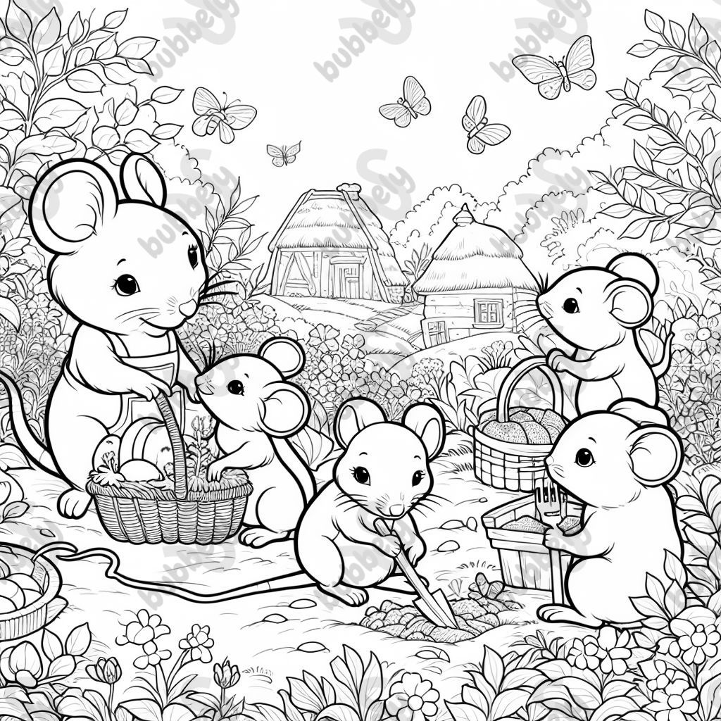 Eine kitagruppe von mäusen die im garten arbeiten