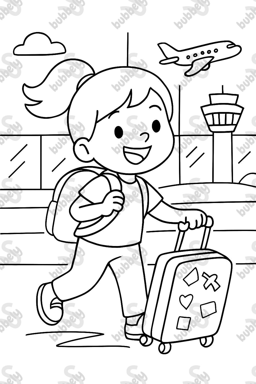 6 year old girl with a ponytail, wheeling a suitcase and wearing a backpack in the airport. The suitcase has stickers on it. 6 year old girl with a ponytail, wheeling a suitcase and wearing a backpack in the airport. The suitcase has stickers on it.