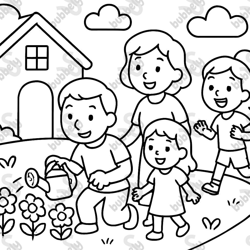 A family watering some flowers near a house and friends come. A family watering some flowers near a house and friends come.