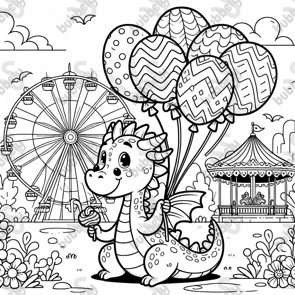 a dragon holding baloons at a theme park