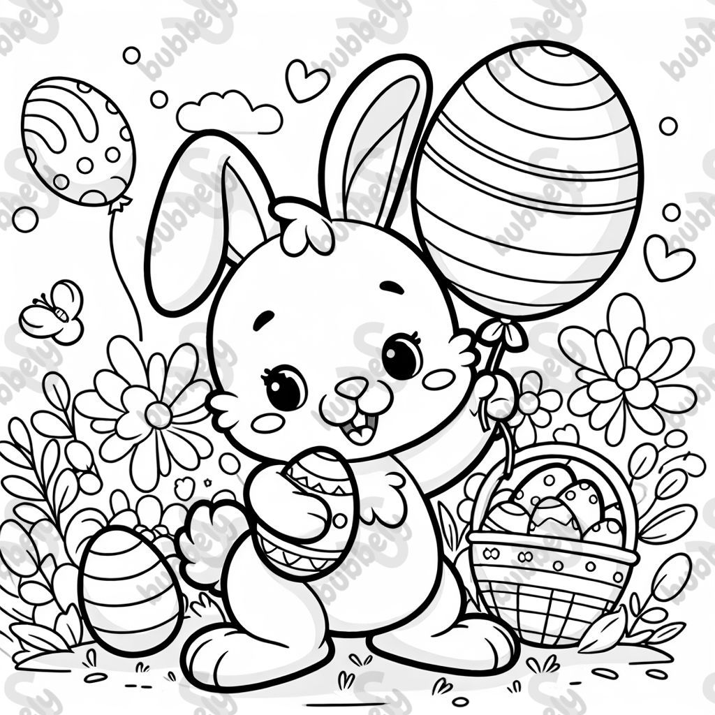 A bunny holding an egg and a balloon