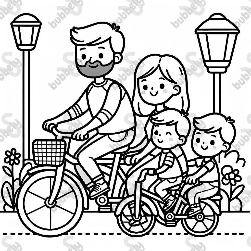 A family of four riding bikes