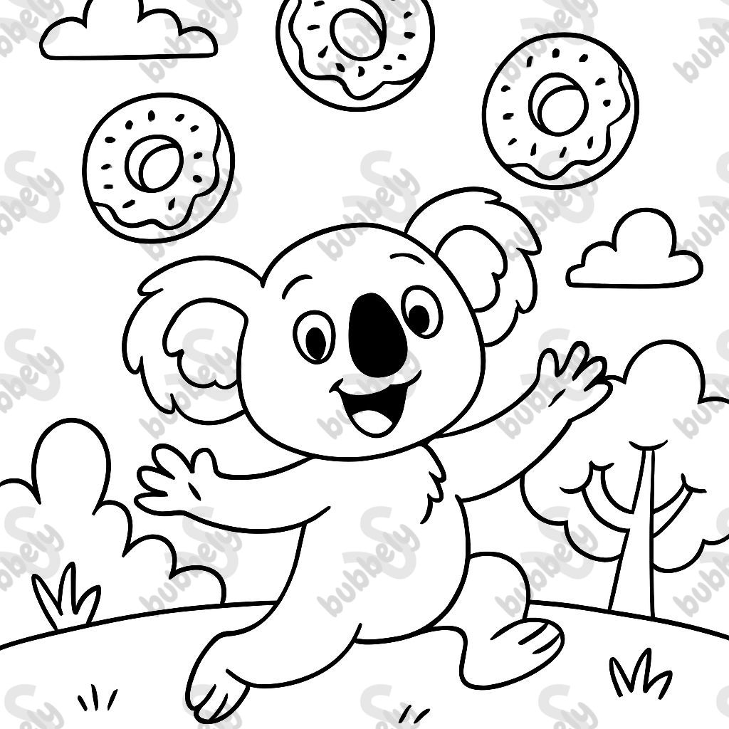 a koala juggling donuts