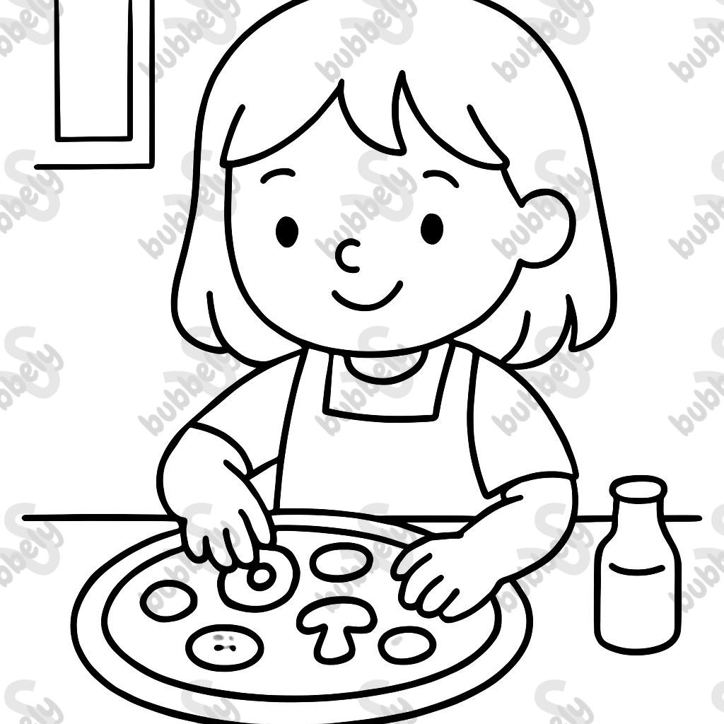 Little Caucasian girl with straight shoulder length hair making pizza.