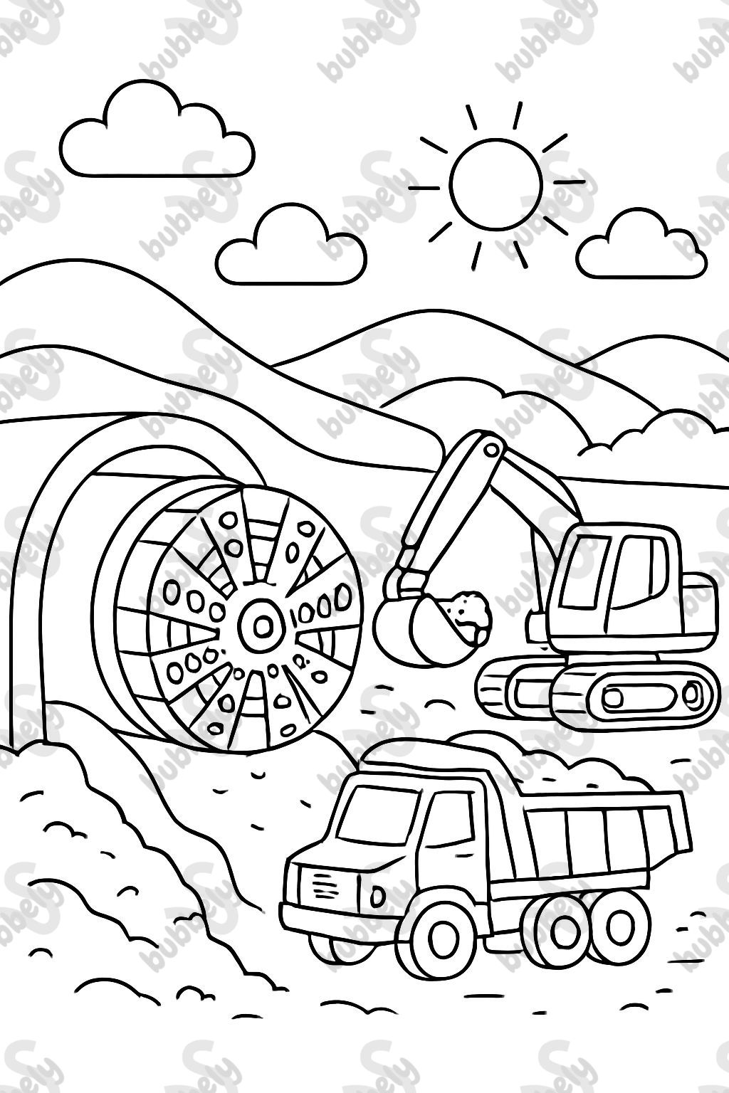 A construction site for a tunnel in side view, with a tunnel boring machine at work, trucks, and excavators A construction site for a tunnel in side view, with a tunnel boring machine at work, trucks, and excavators