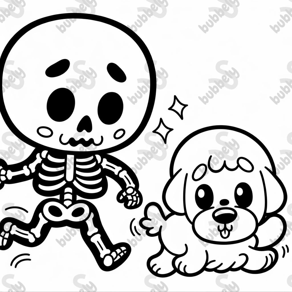 A skeleton that is scared and it is running away from a cute puppy