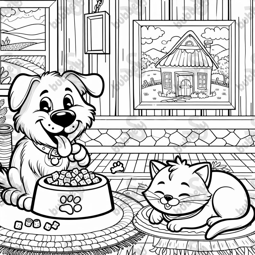 Un chien mange des croquettes tandis qu'un chat fait la sieste dans une maison.
