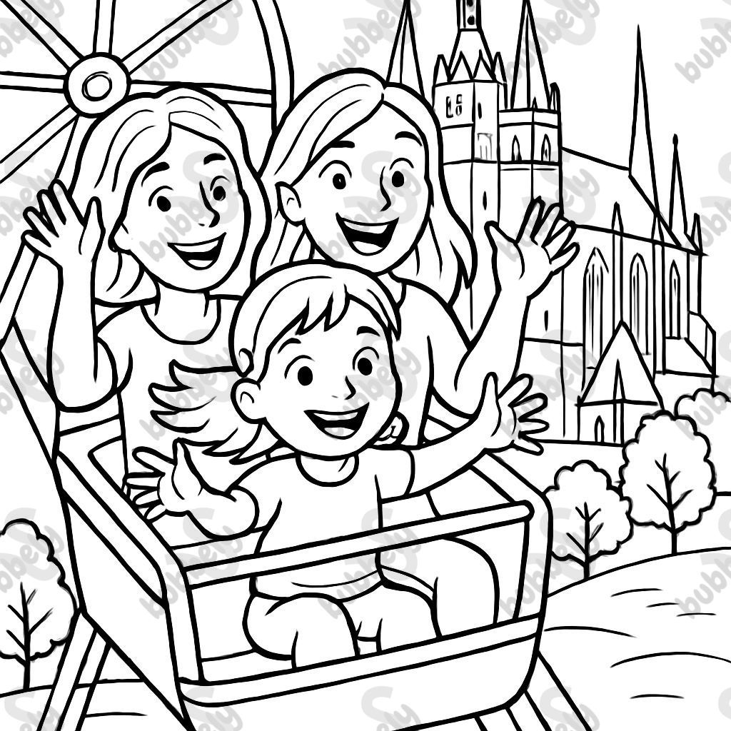 Une fille de 4 ans avec 2 femmes dans la grande roue devant la cathédrale d'Erfurt Une fille de 4 ans avec 2 femmes dans la grande roue devant la cathédrale d'Erfurt