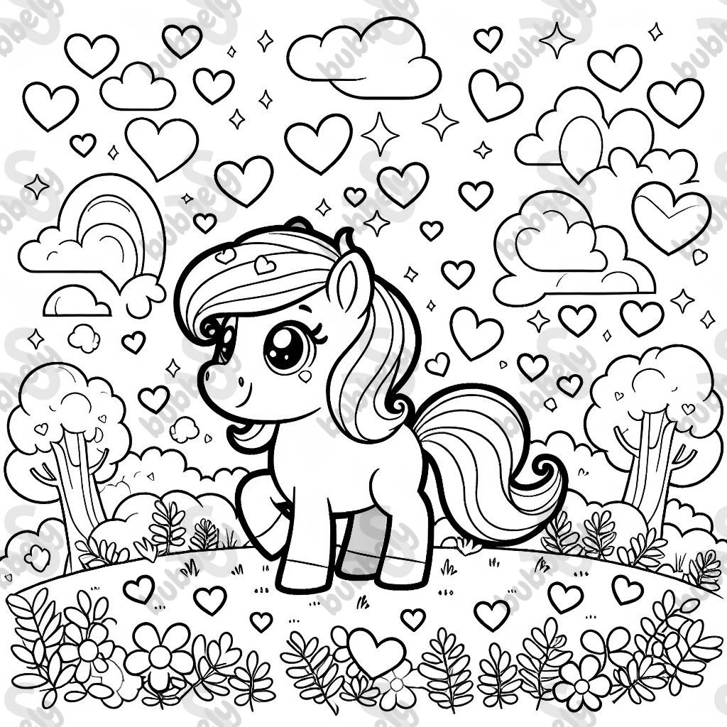 Ein Pony auf einer Wiese mit ganz vielen Herzen drum herum