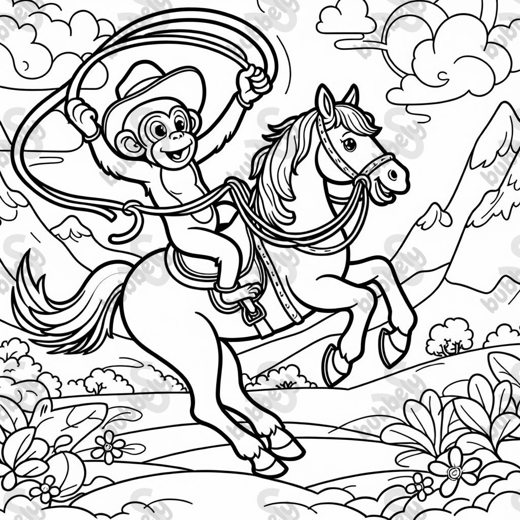 A monkey on a horse with a lasso