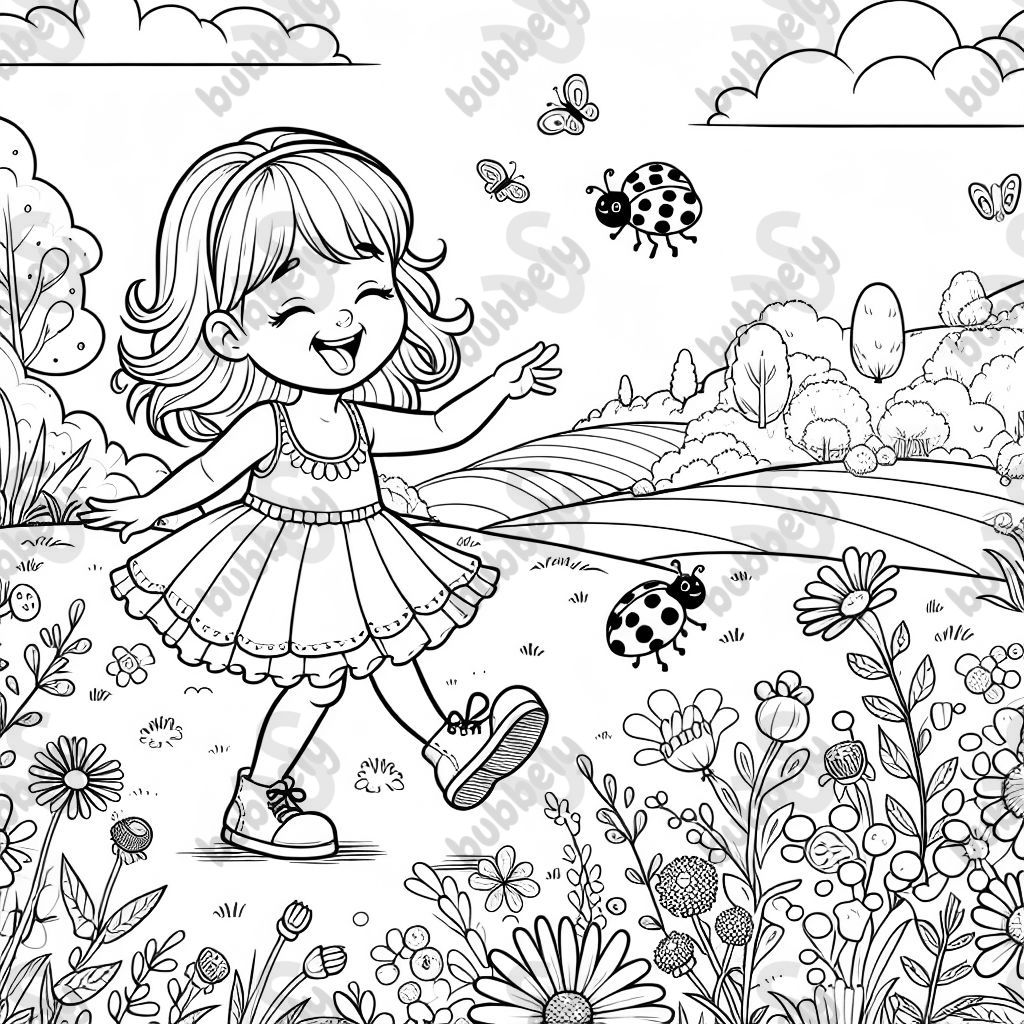 Five-year-old blonde girl dancing with ladybug