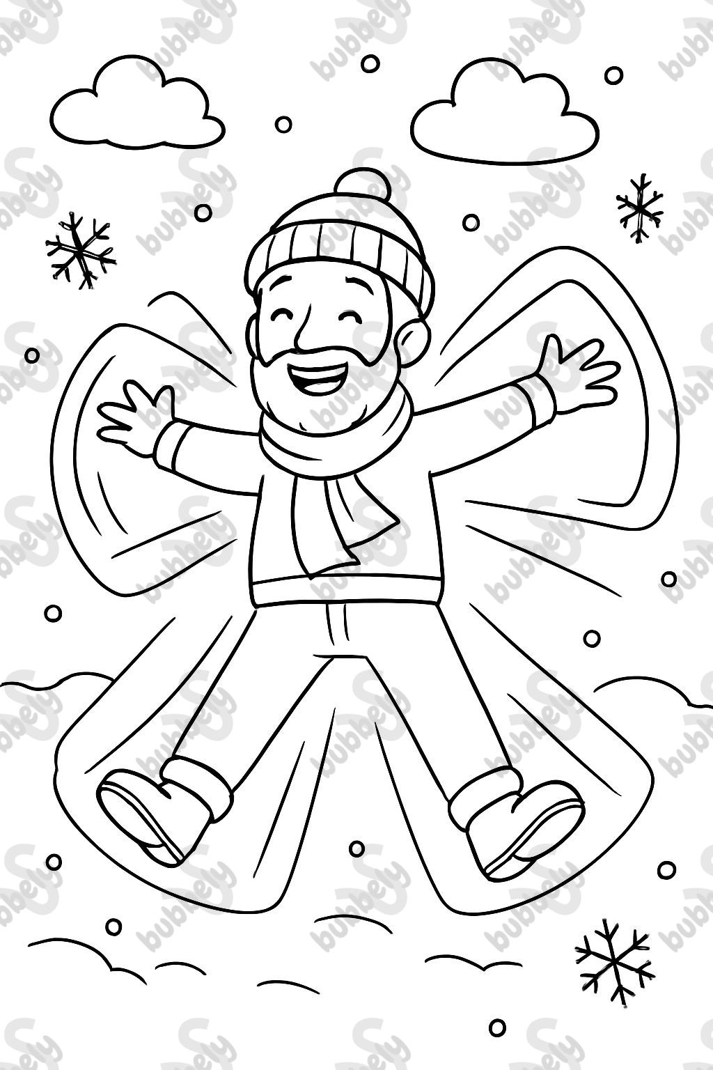 un homme adulte avec une barbe faisant un ange en neige