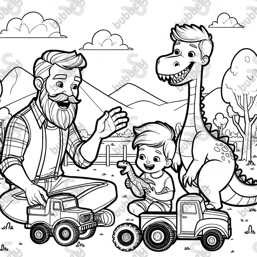 A bearded man with a bald head, a young boy with blonde hair, and a happy cartoon dinosaur playing with trucks🥰