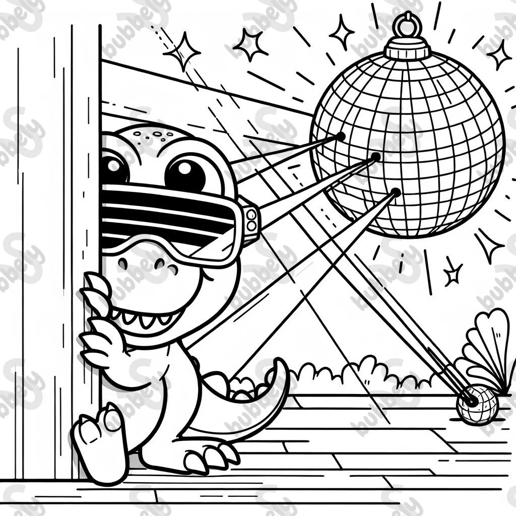 Dinosaurier mit Schutzbrille hinter einer Wand mit Diskokugel mit Laserstrahlen