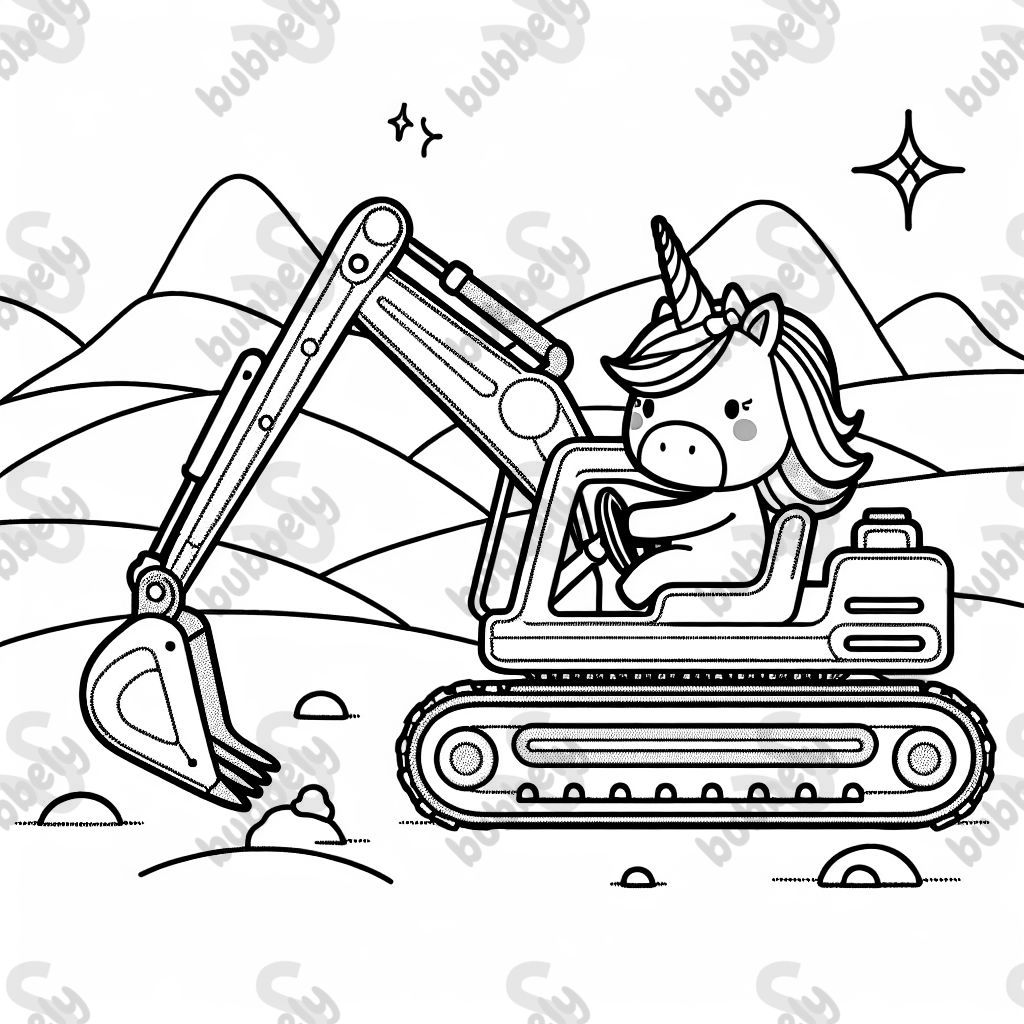 a unicorn driving an excavator