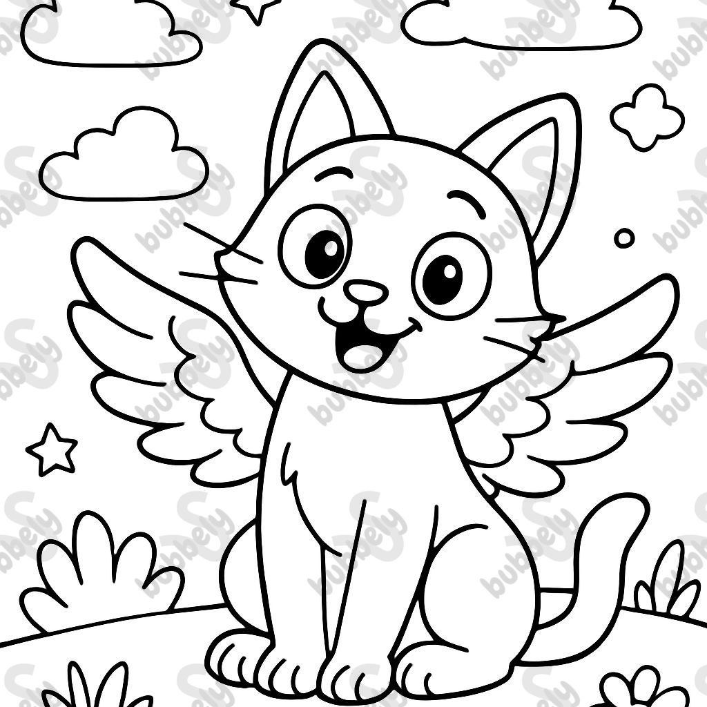 A sitting cat looking at the camera with wings