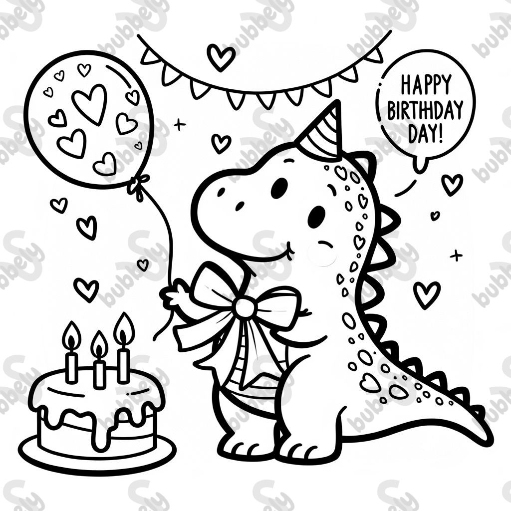 ein Geburtstagsbild für meine Oma mit einem Dinosaurier der Herzen auf der Haut hat und eine Schleife am Schwanz hinten. 