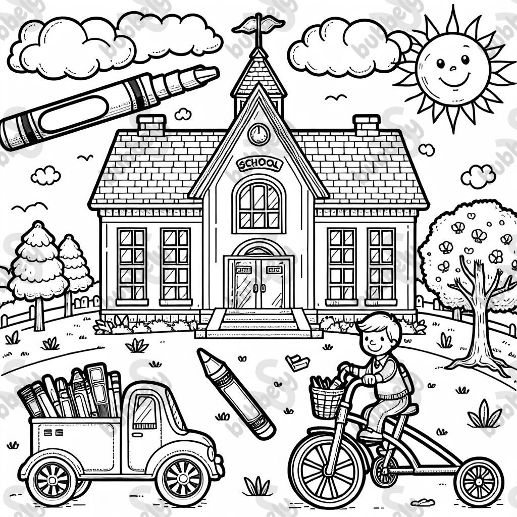 School, book, tricycle, crayon, tree