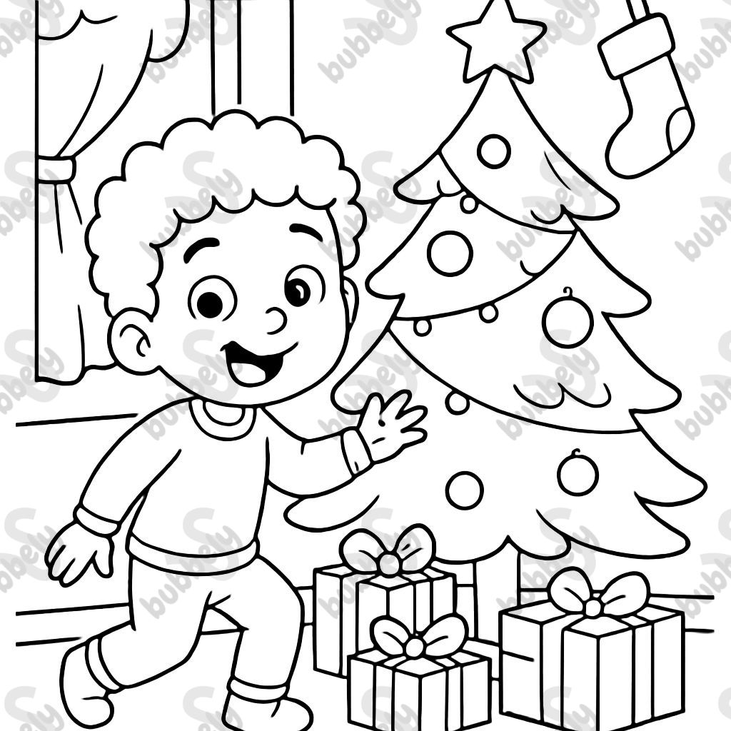 a little boy with curly hair by the christmas tree