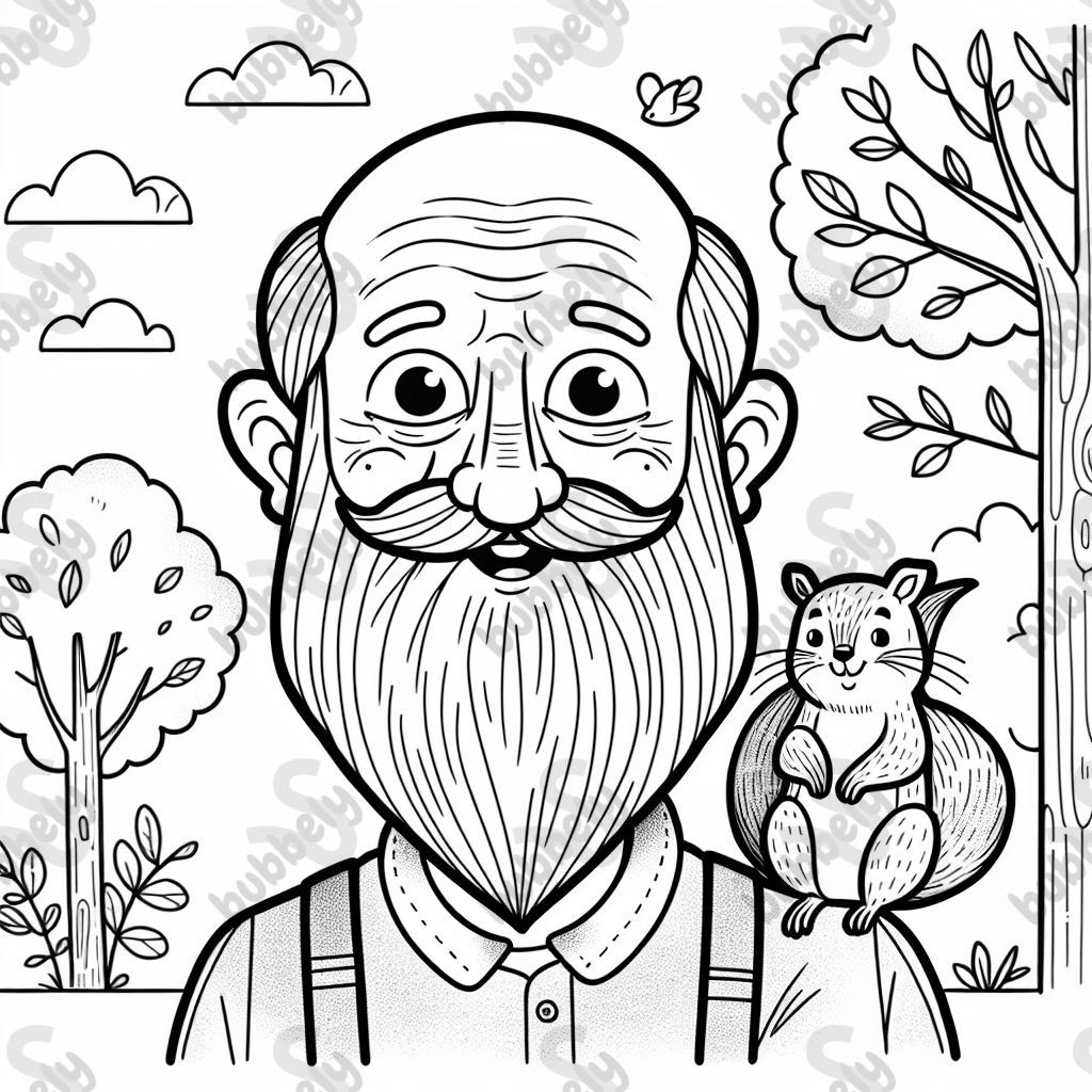 An old man with a beard and no hair with a squirrel on his shoulder😃