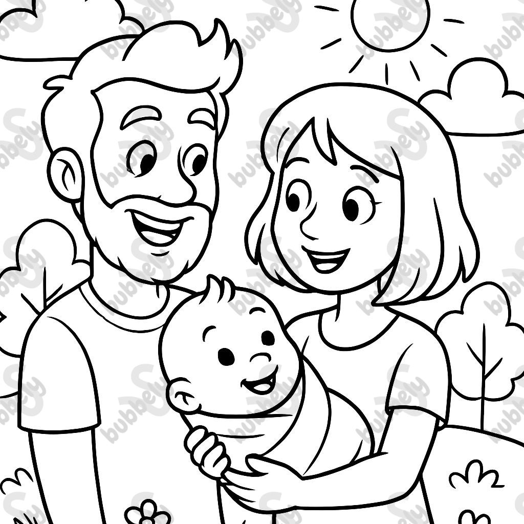 a man with full hair and a beard, a young woman with medium-length hair, and both are looking at a baby that the woman is holding in her arms. They are all smiling at each other.