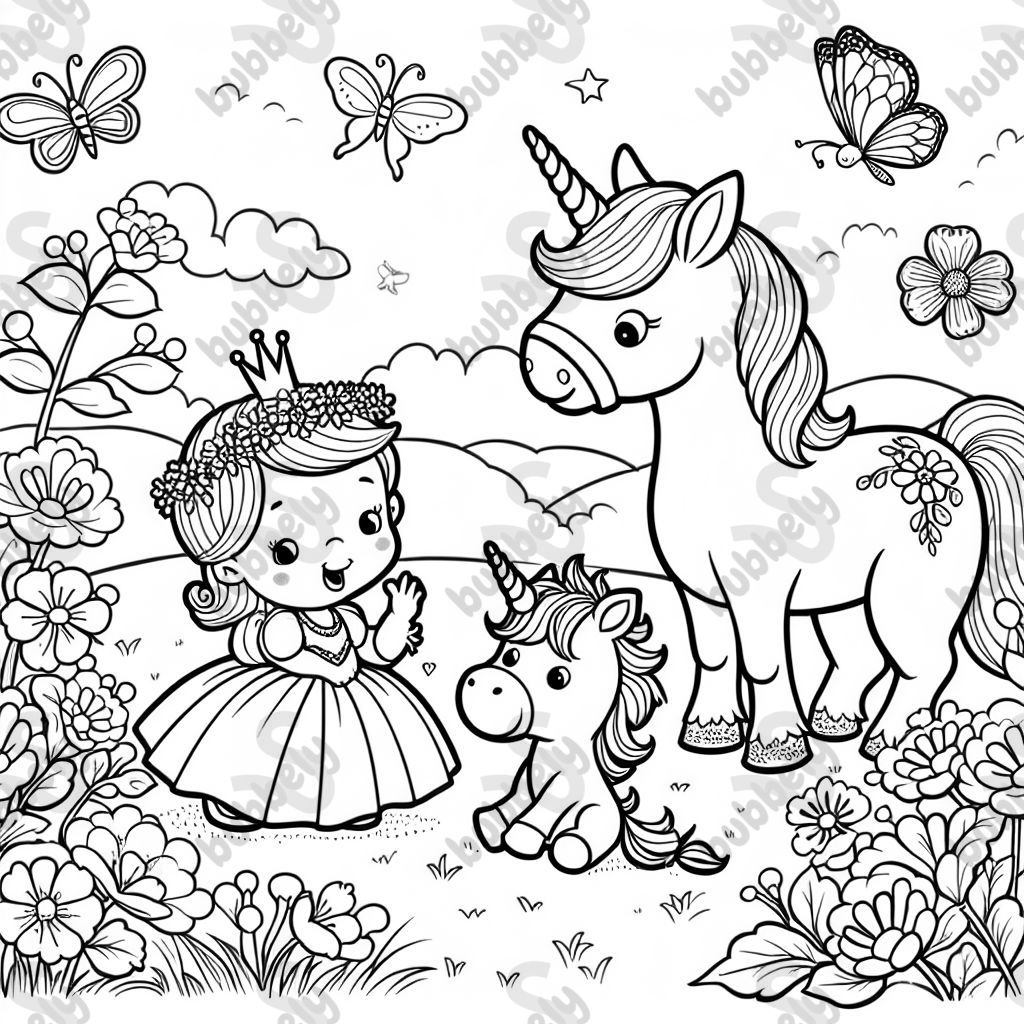 A unicorn with a princess surrounded by flowers and a baby unicorn.