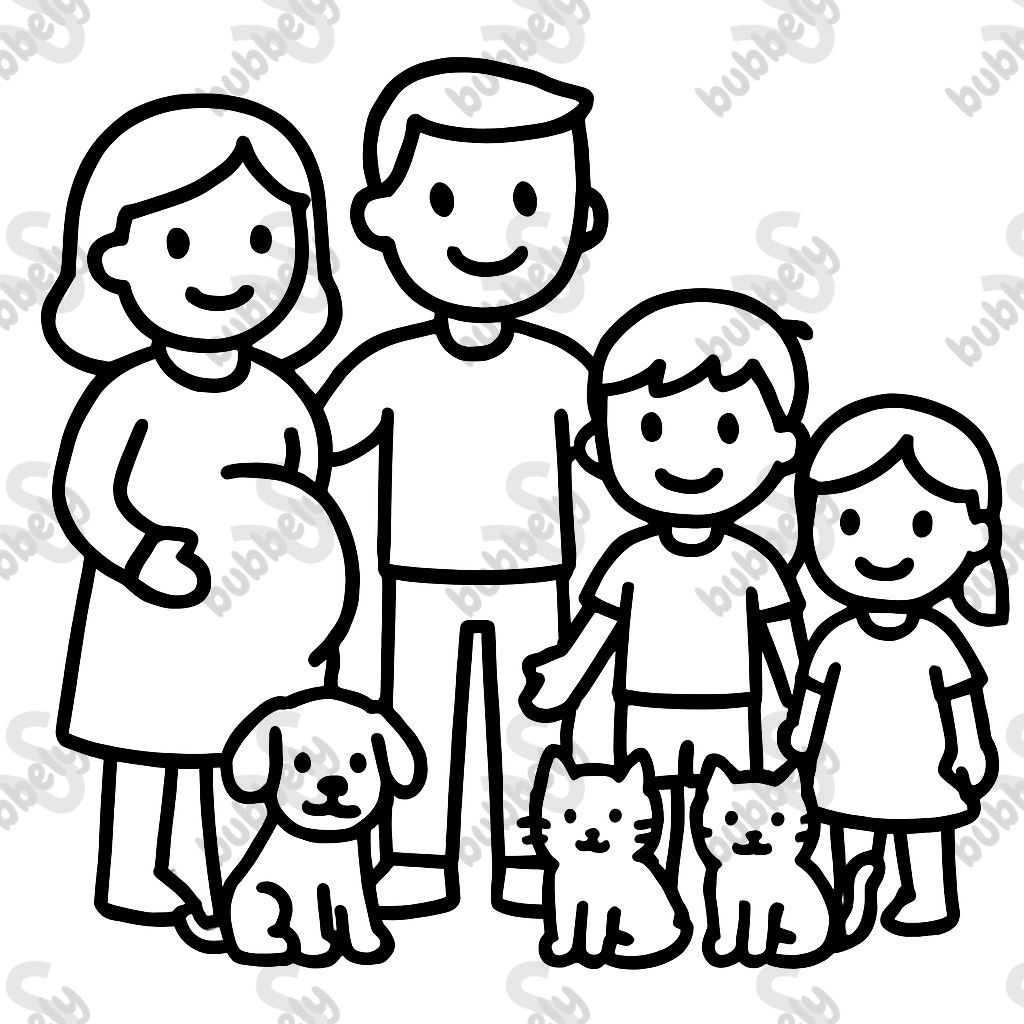 A family with a pregnant mom, dad, big boy, girl, a puppy, and two cats.