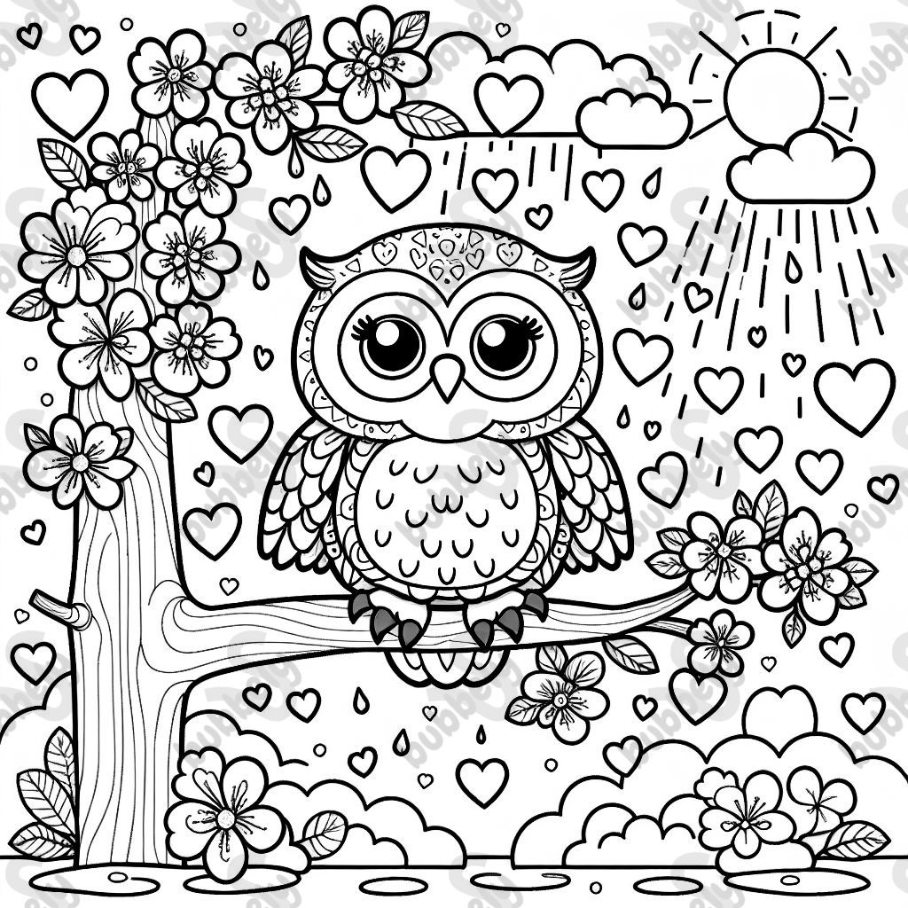 owl in a flowering tree with hearts dripping from the sky