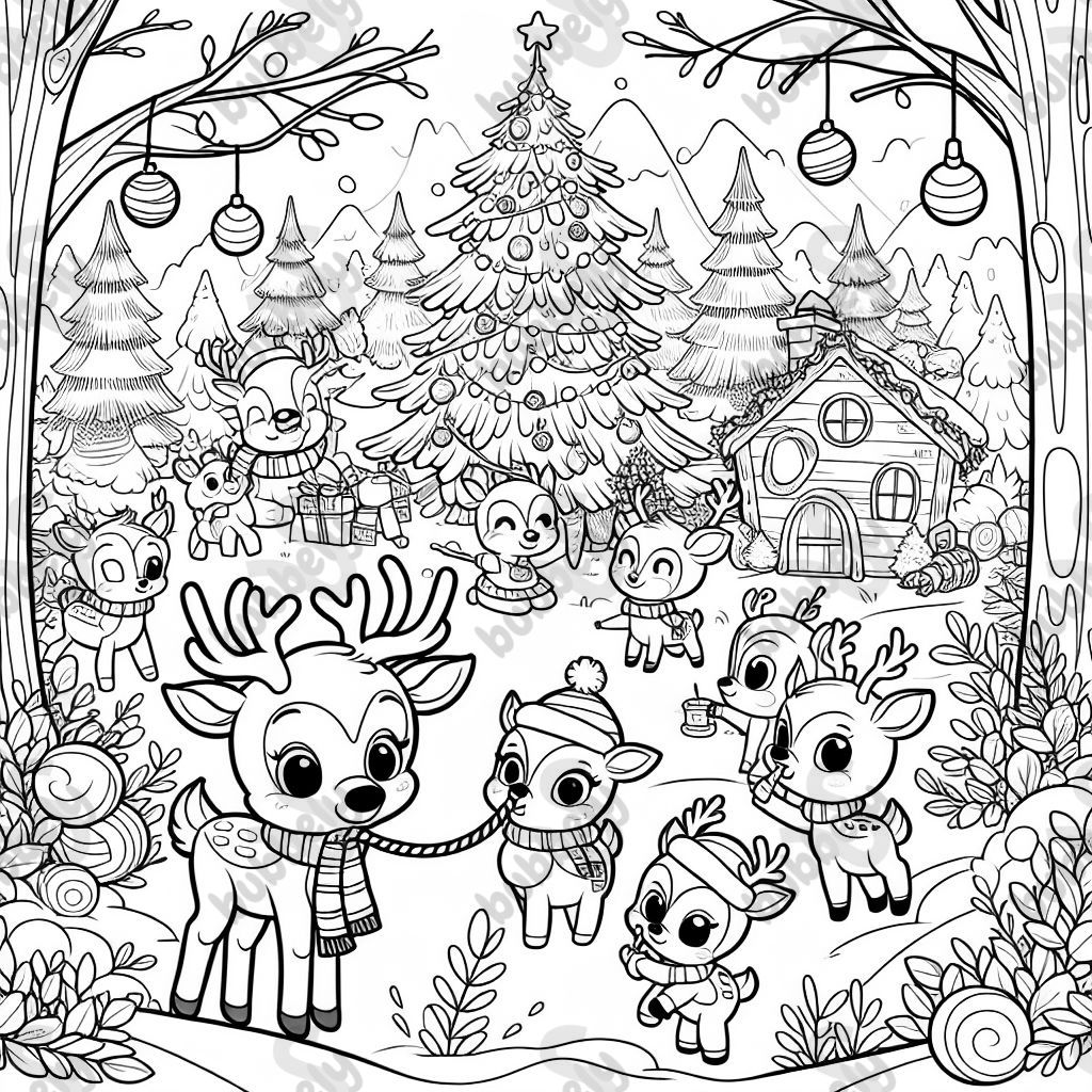 A Christmas scene in the woods with deers