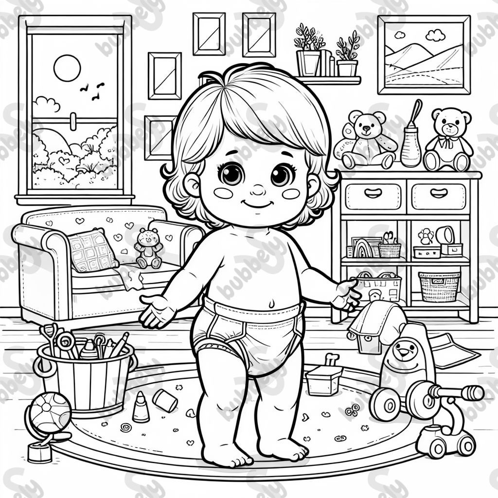 Une petite fille, portant une couche, se tient dans une salle de jeu Une petite fille, portant une couche, se tient dans une salle de jeu