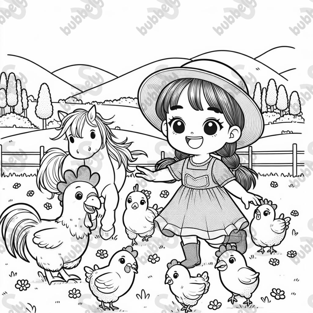 Girl playing with chickens and horses.