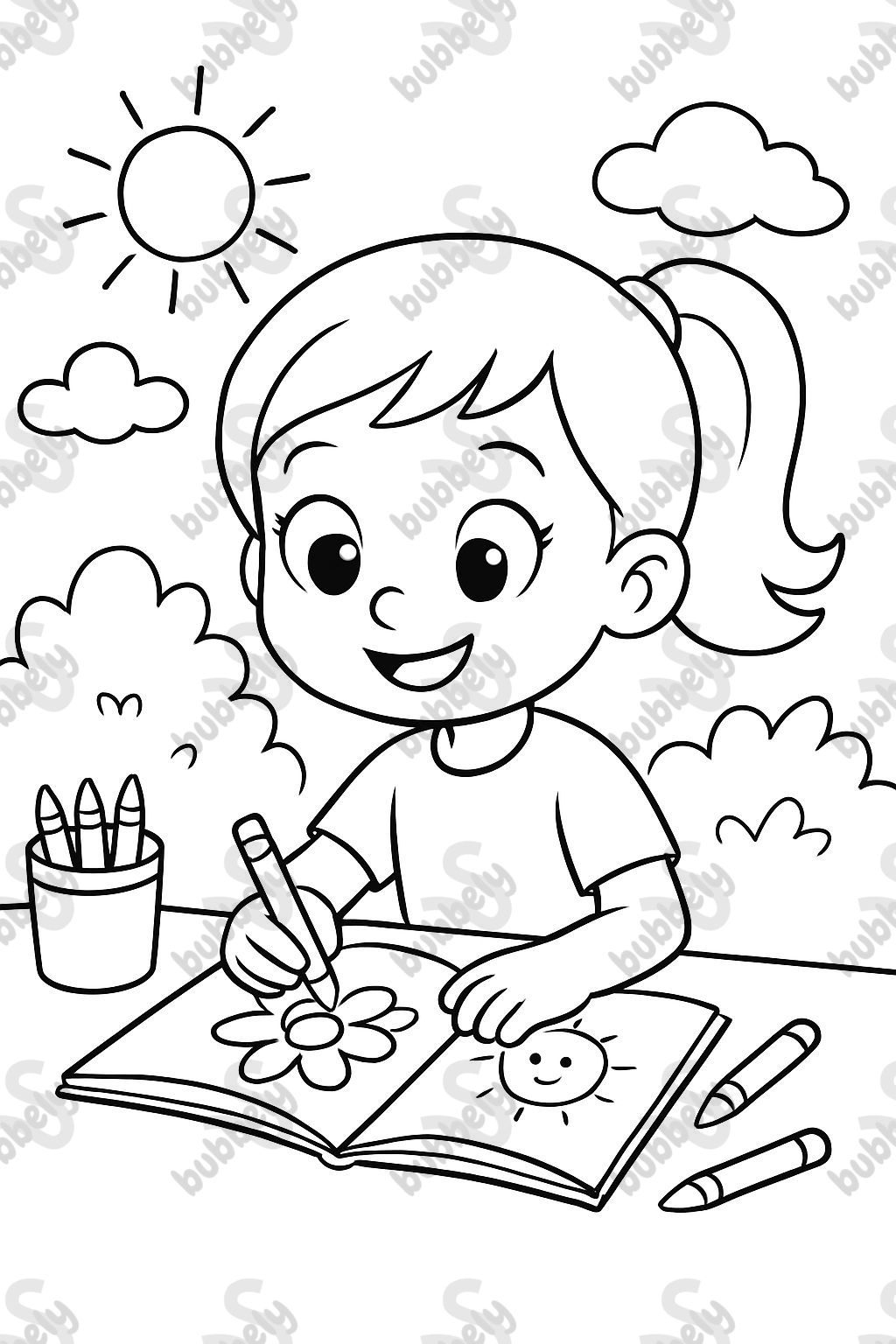 6 year old girl with a ponytail calmly coloring. 6 year old girl with a ponytail calmly coloring.