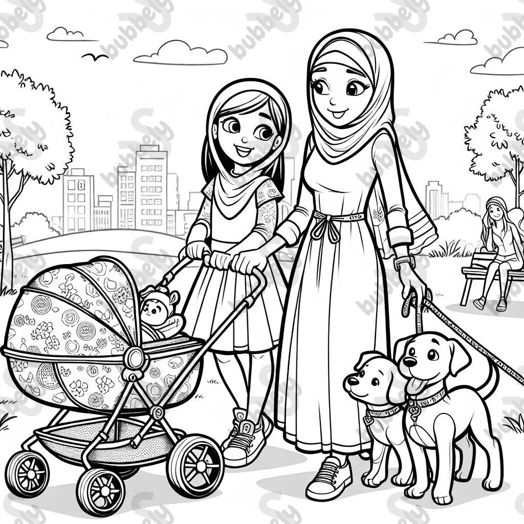 eine Frau mit Kind im Kinderwagen und ihre Tochter die zwei Hunde an der Leine hat