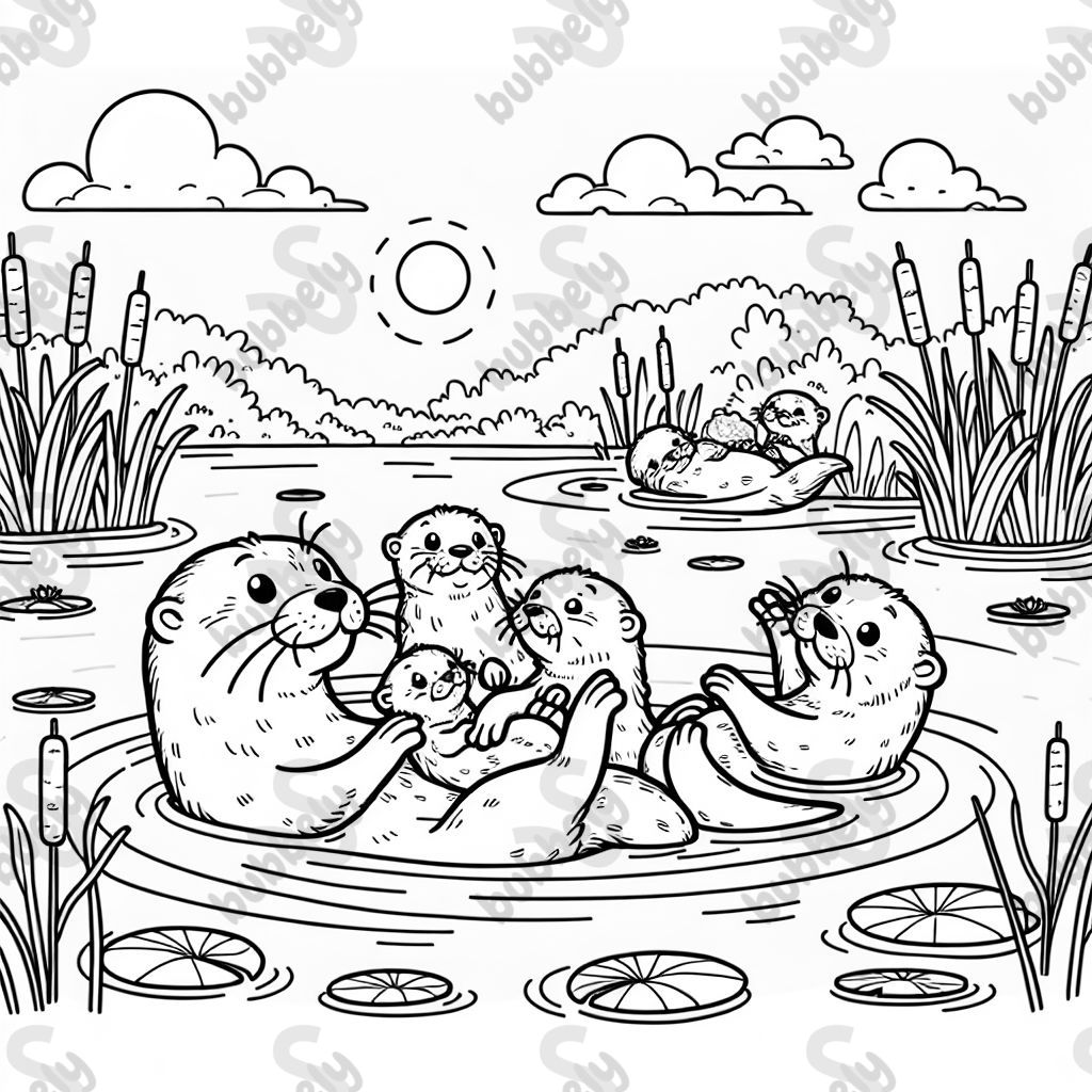 Family of 4 otters floating on theit backs in water