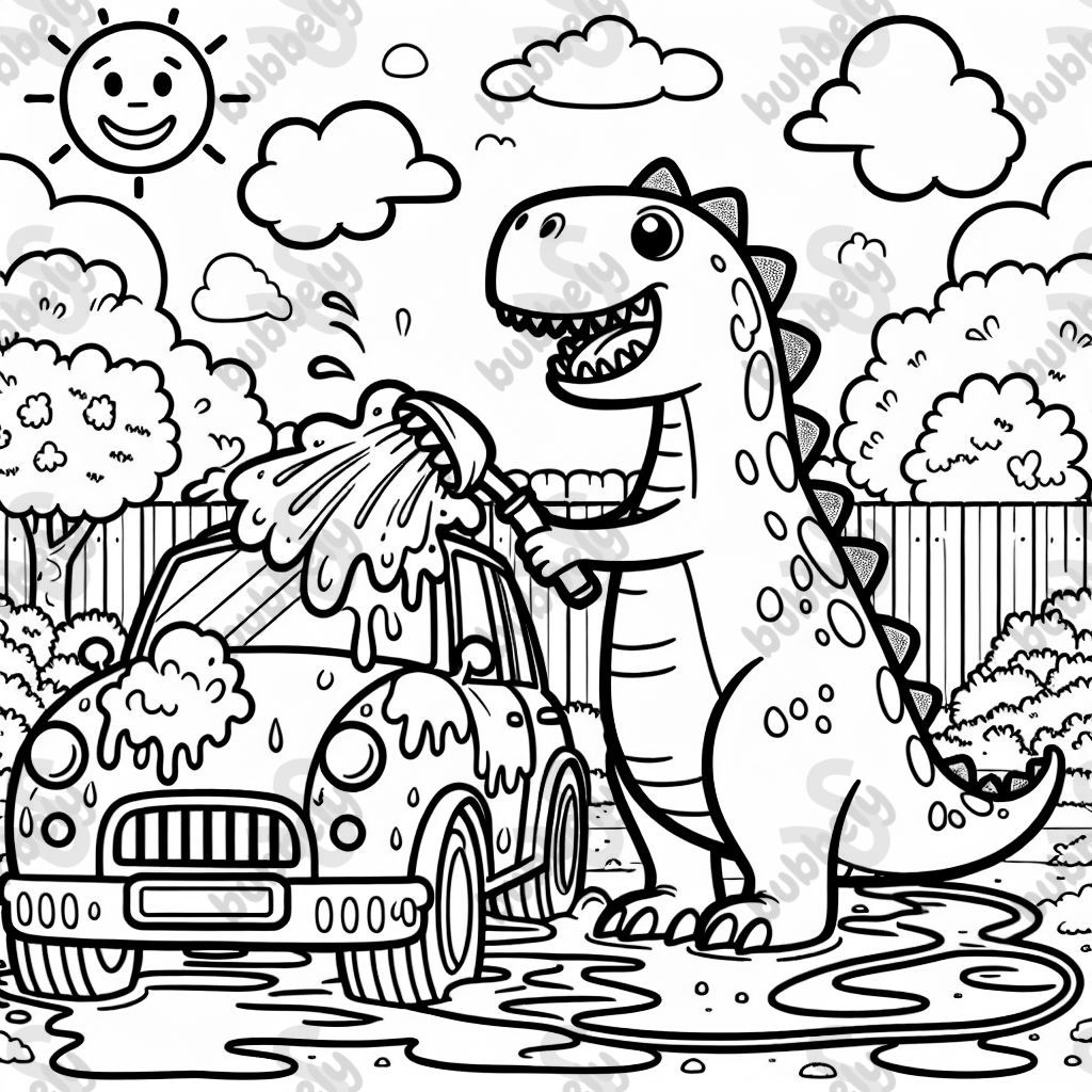 A dinosaur washing a car