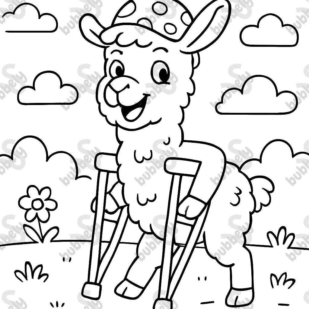 A llama with crutches and a polka dot hat