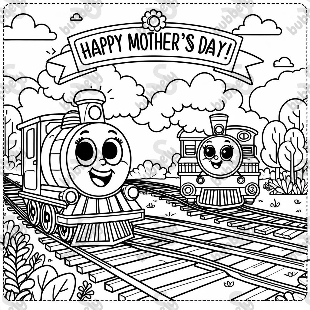 A big train and a little train with text at the top saying Happy Mother's Day!