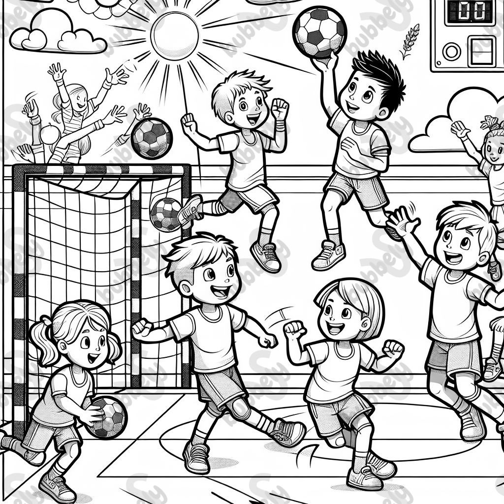 As an artist for children's coloring pages, help me create a detailed coloring page. The motif should represent handball and be designed to be exciting to color, with various areas and shapes. Keep the lines clear and simple for children, and add small details that bring the theme to life.