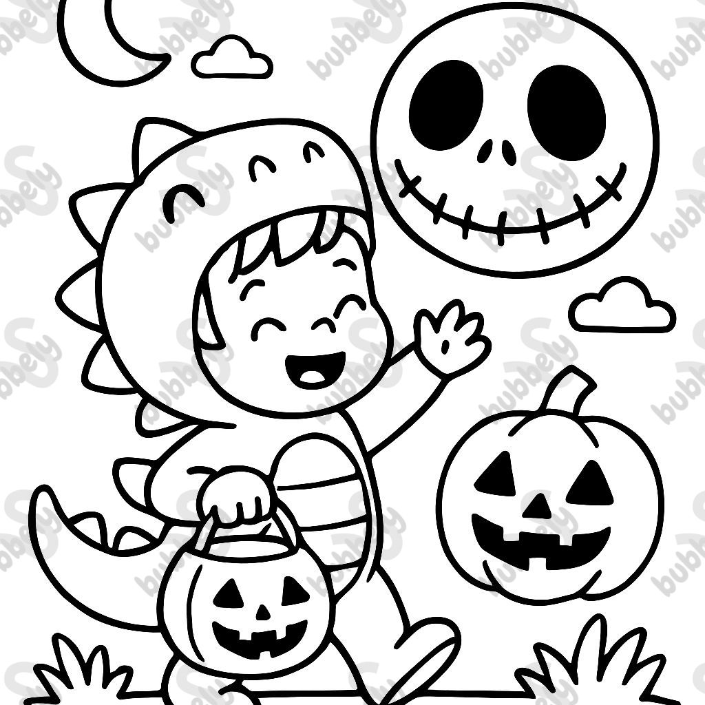 A small boy celebrating Halloween dressed as a dinosaur, with Jack Skellington.