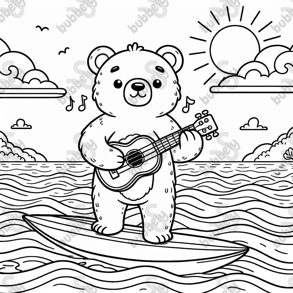 A bear surfing holding a ukelele