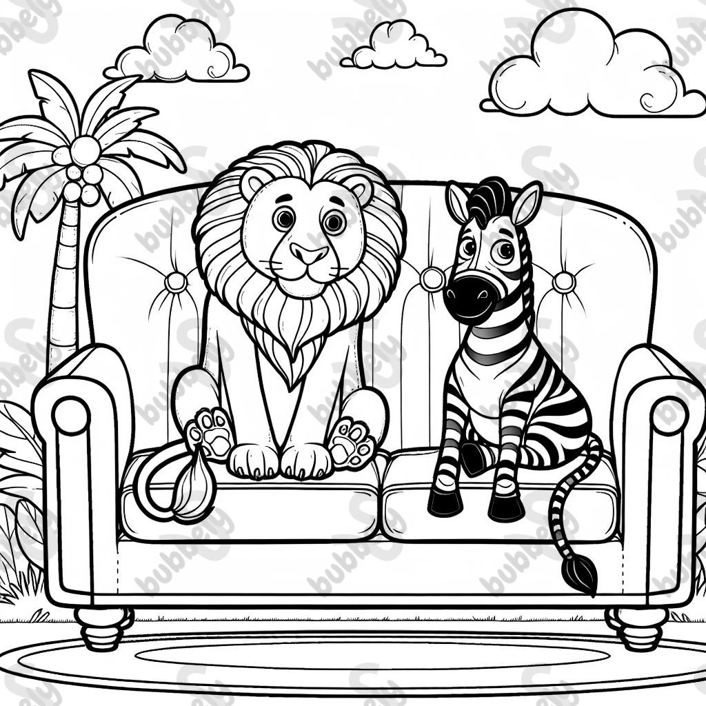 Löwe und Zebra, die auf dem sofa sitzen